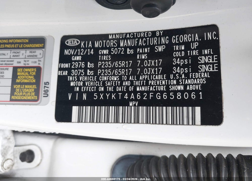 2015 KIA SORENTO LX VIN: 5XYKT4A62FG658061