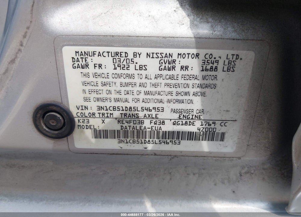 2005 NISSAN SENTRA 1.8S VIN: 3N1CB51D85L546953