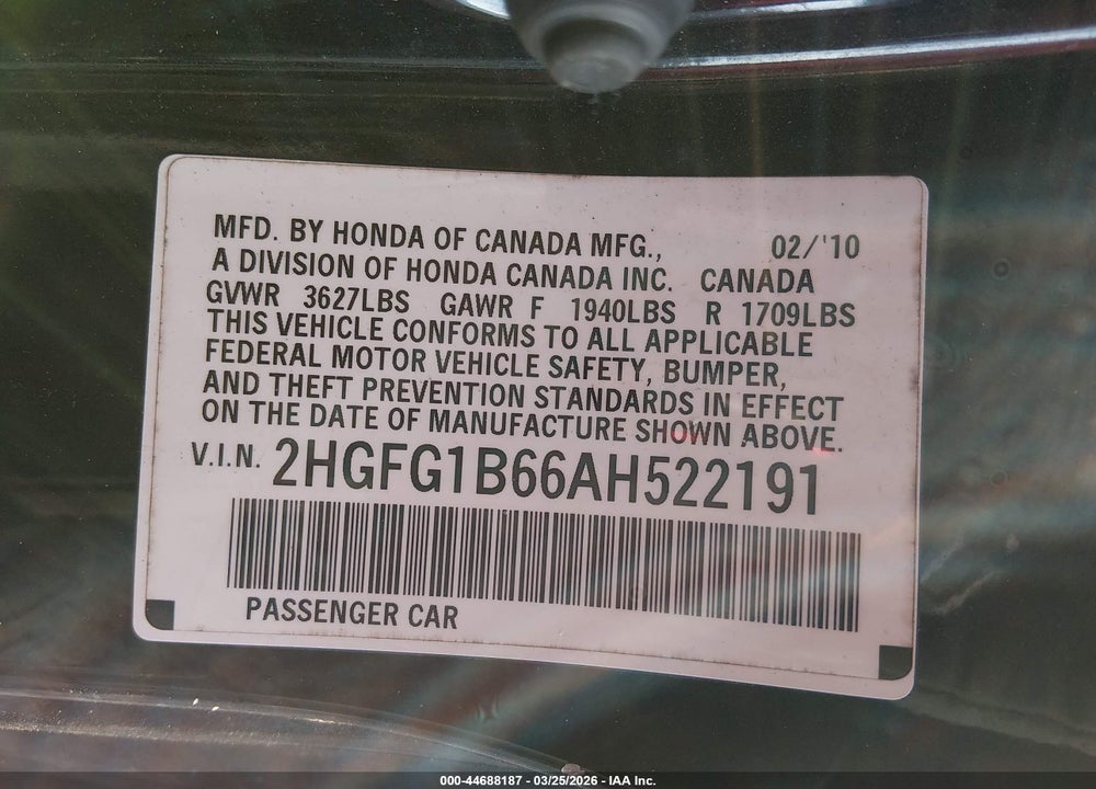 2010 HONDA CIVIC LX VIN: 2HGFG1B66AH522191