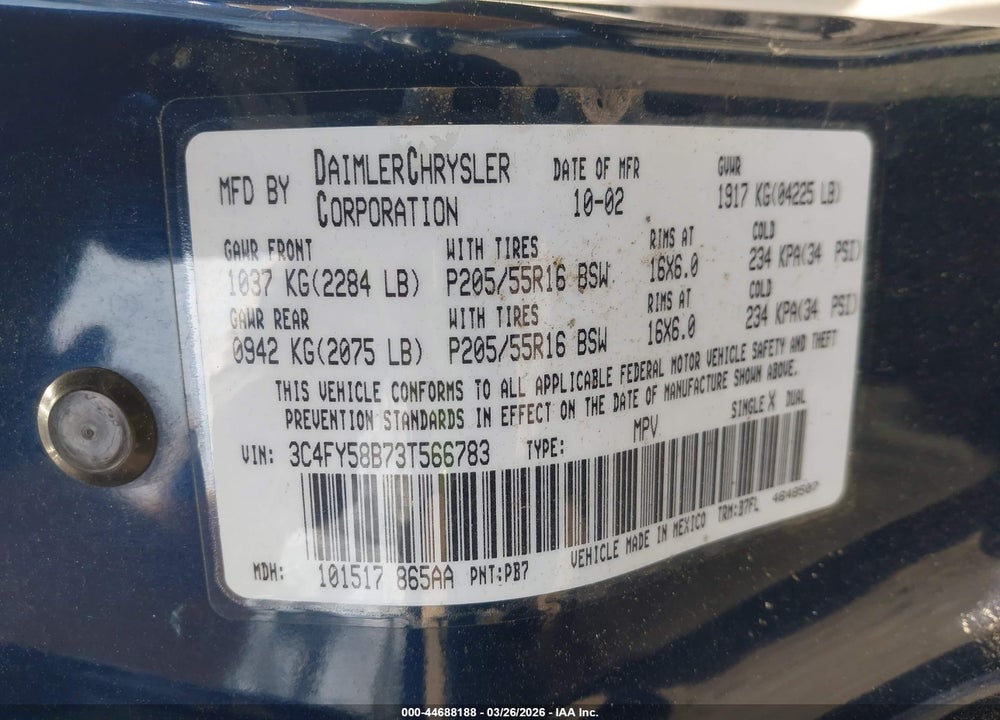 2003 CHRYSLER PT CRUISER TOURING VIN: 3C4FY58B73T566783