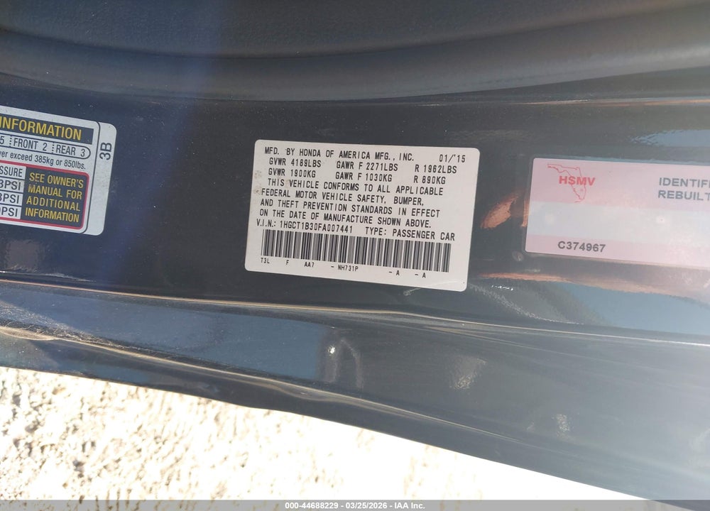 2015 HONDA ACCORD LX VIN: 1HGCT1B30FA007441