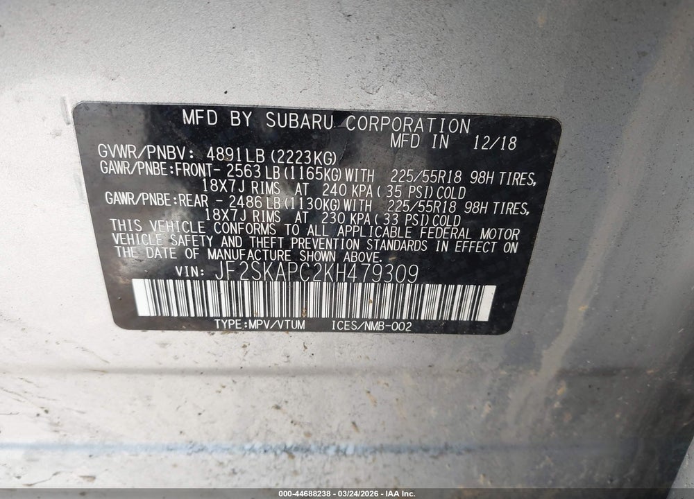 2019 SUBARU FORESTER SPORT VIN: JF2SKAPC2KH479309