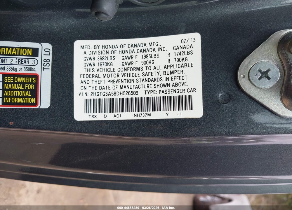 2013 HONDA CIVIC LX VIN: 2HGFG3A58DH526509