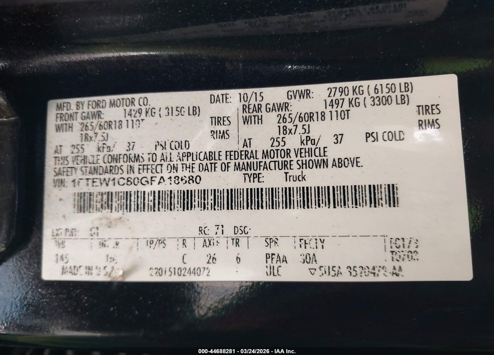 2016 FORD F-150 XLT VIN: 1FTEW1C80GFA18680