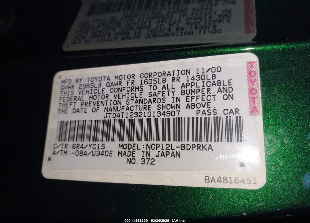2001 TOYOTA ECHO VIN: JTDAT123210134907