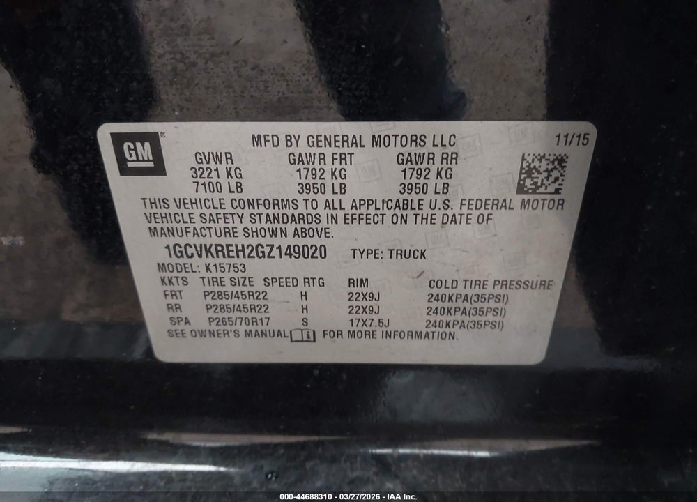 2016 CHEVROLET SILVERADO 1500 1LT VIN: 1GCVKREH2GZ149020