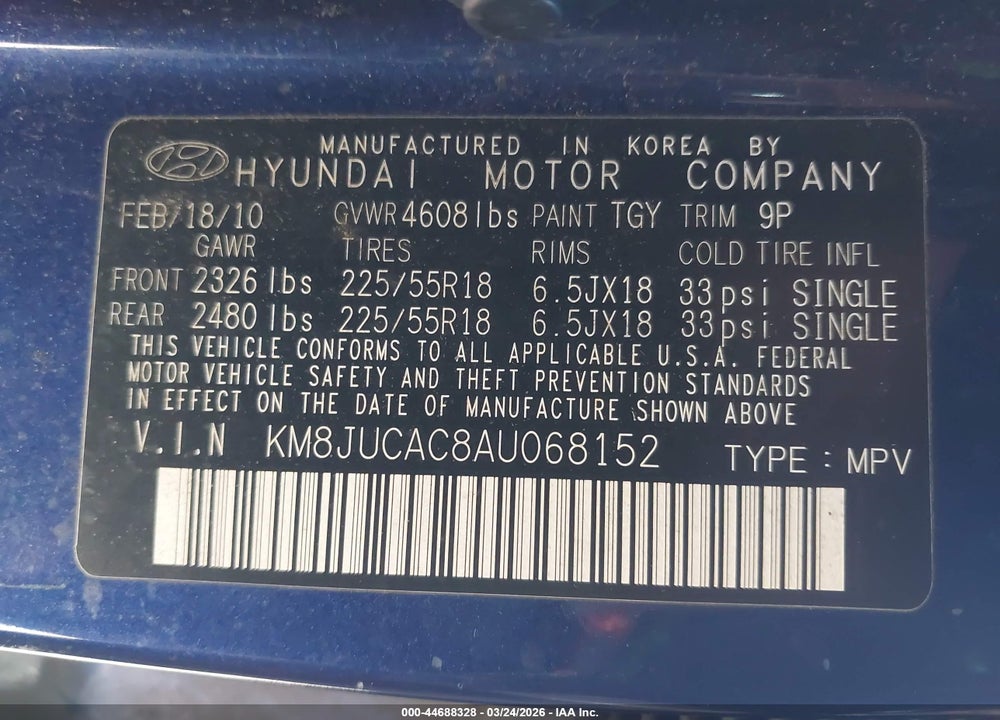 2010 HYUNDAI TUCSON LIMITED VIN: KM8JUCAC8AU068152