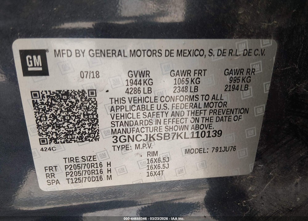 2019 CHEVROLET TRAX LS VIN: 3GNCJKSB7KL110139