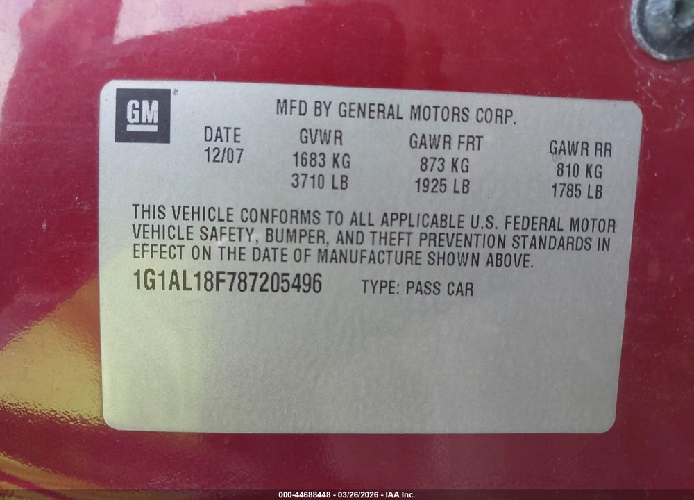 2008 CHEVROLET COBALT LT VIN: 1G1AL18F787205496