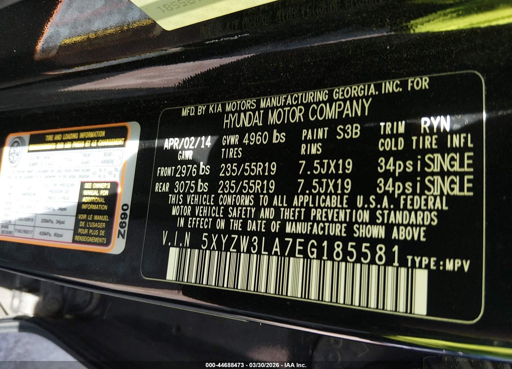 2014 HYUNDAI SANTA FE SPORT 2.0L TURBO VIN: 5XYZW3LA7EG185581