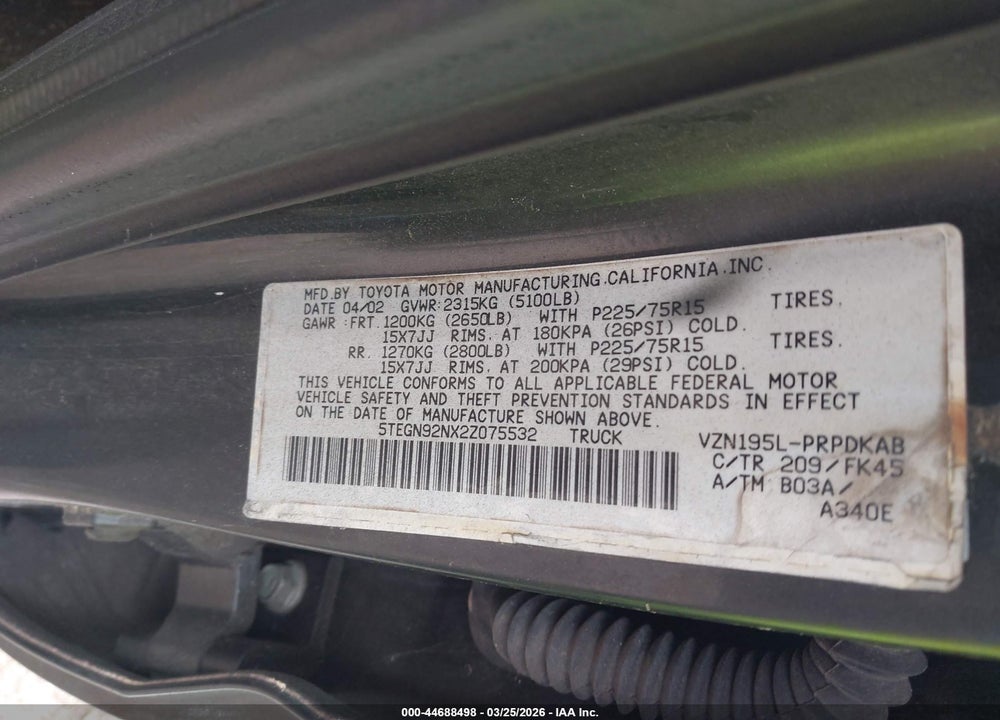 2002 TOYOTA TACOMA PRERUNNER V6 VIN: 5TEGN92NX2Z075532
