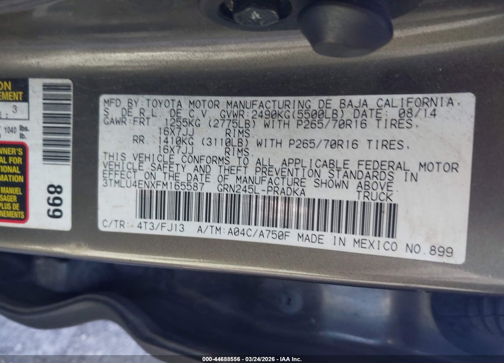 2015 TOYOTA TACOMA BASE V6 VIN: 3TMLU4ENXFM165587