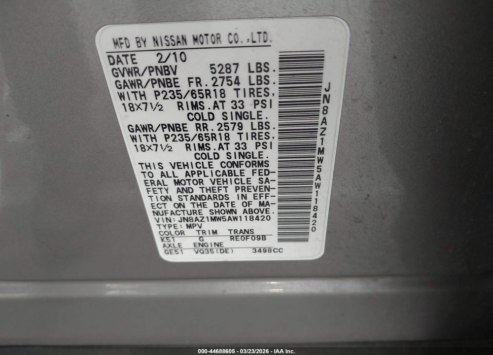 2010 NISSAN MURANO SL VIN: JN8AZ1MW5AW118420