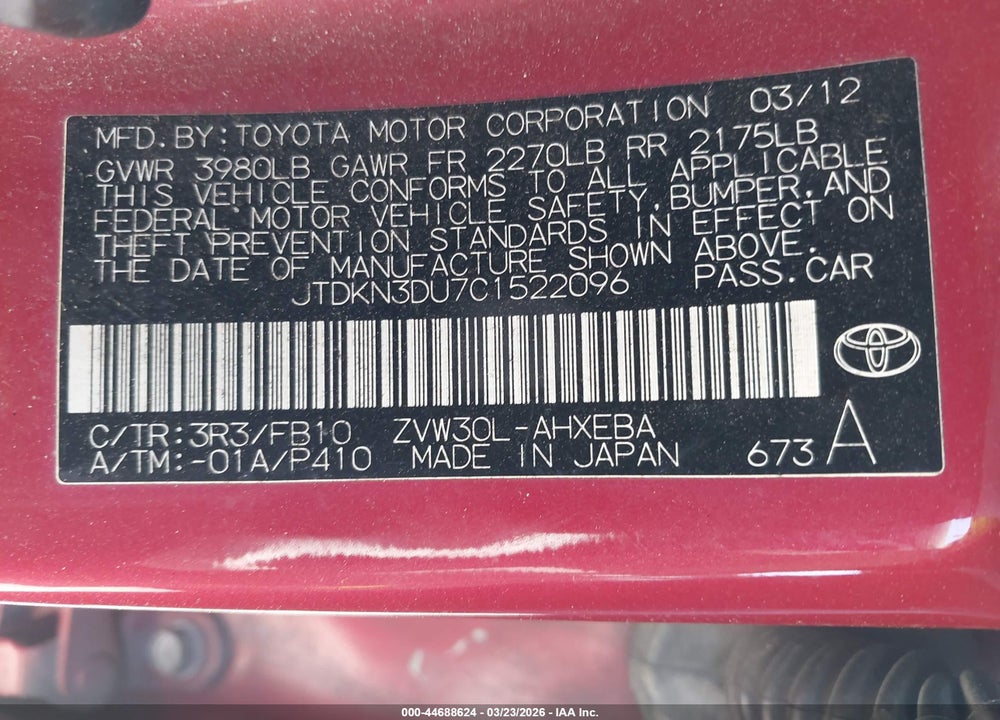 2012 TOYOTA PRIUS THREE VIN: JTDKN3DU7C1522096