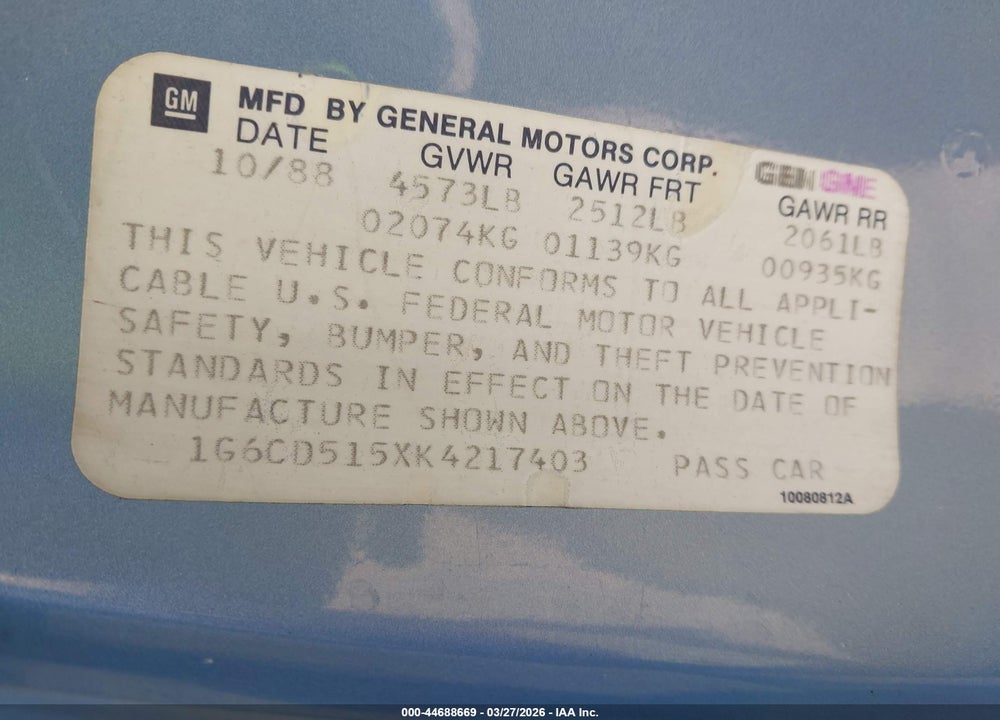 1989 CADILLAC DEVILLE VIN: 1G6CD515XK4217403