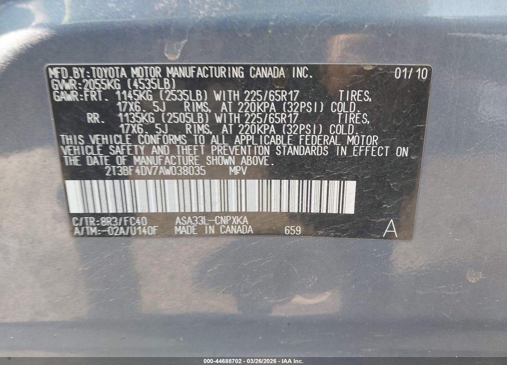 2010 TOYOTA RAV4 VIN: 2T3BF4DV7AW038035