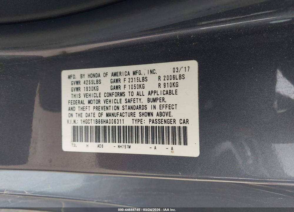 2017 HONDA ACCORD EX-L VIN: 1HGCT1B86HA006311