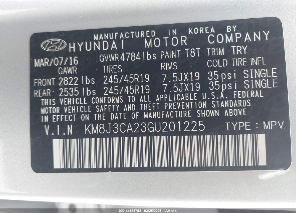 2016 HYUNDAI TUCSON LIMITED VIN: KM8J3CA23GU201225