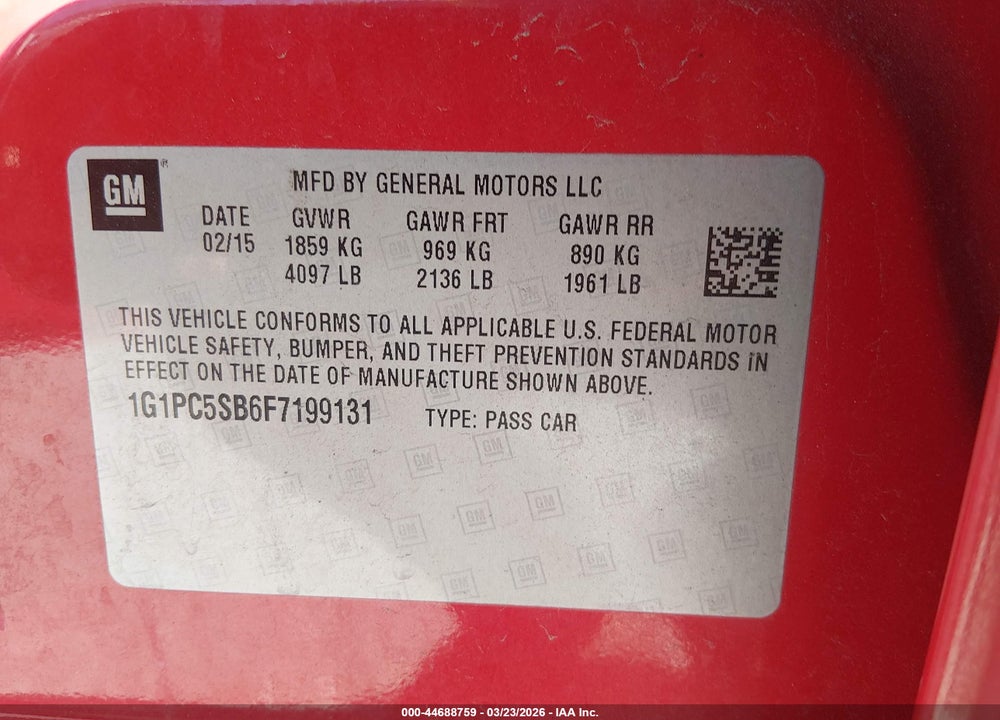2015 CHEVROLET CRUZE 1LT AUTO VIN: 1G1PC5SB6F7199131