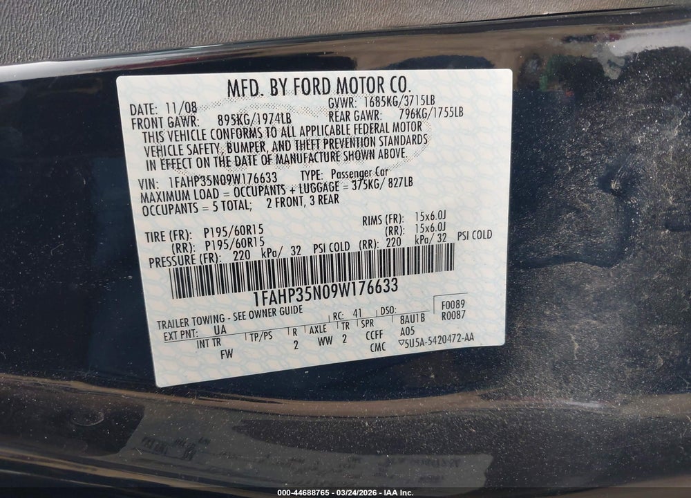 2009 FORD FOCUS SE VIN: 1FAHP35N09W176633