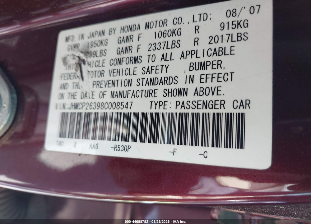 2008 HONDA ACCORD 2.4 LX VIN: JHMCP26398C008547