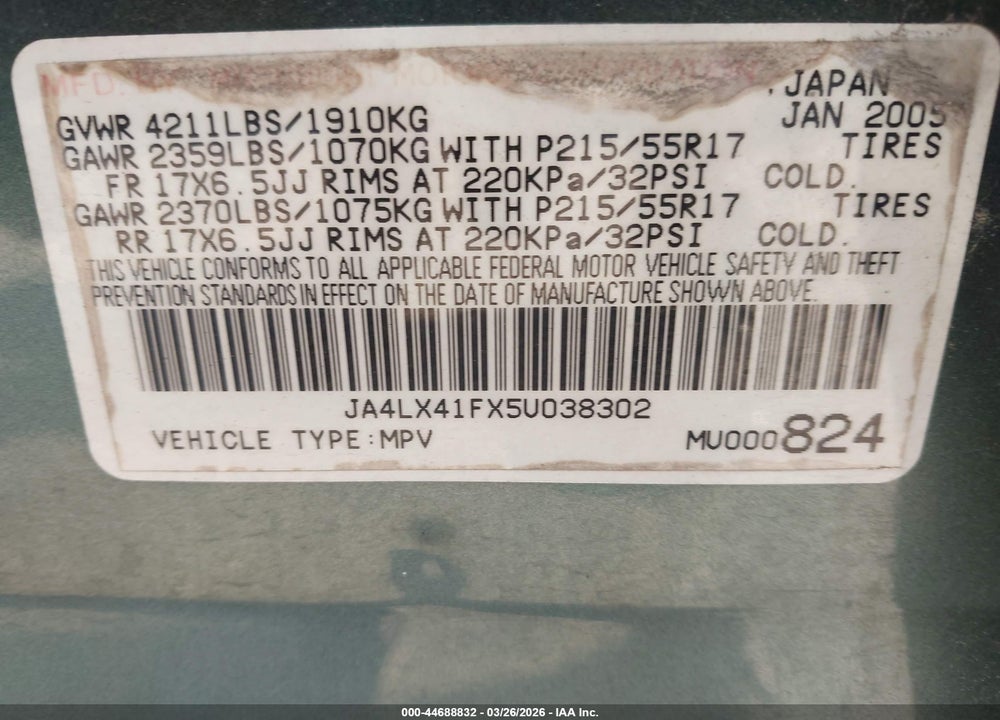 2005 MITSUBISHI OUTLANDER XLS VIN: JA4LX41FX5U038302