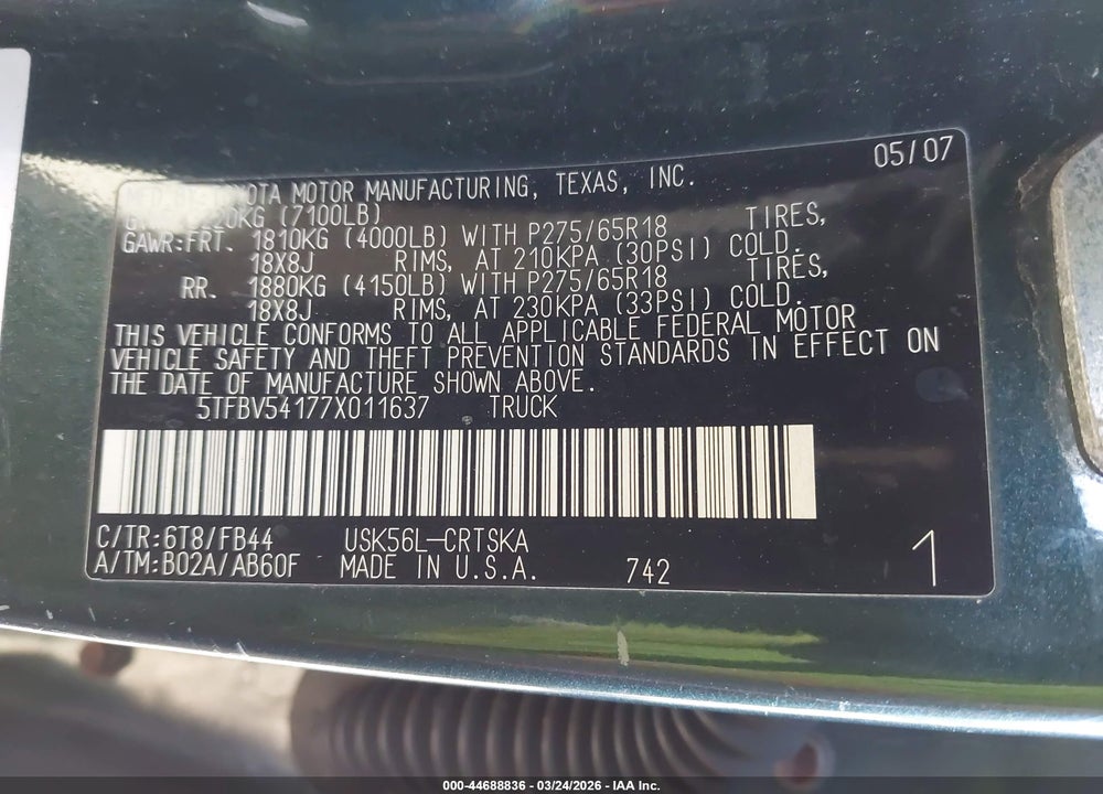 2007 TOYOTA TUNDRA SR5 5.7L V8 VIN: 5TFBV54177X011637