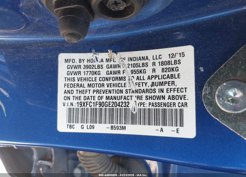 2016 HONDA CIVIC TOURING VIN: 19XFC1F90GE204232