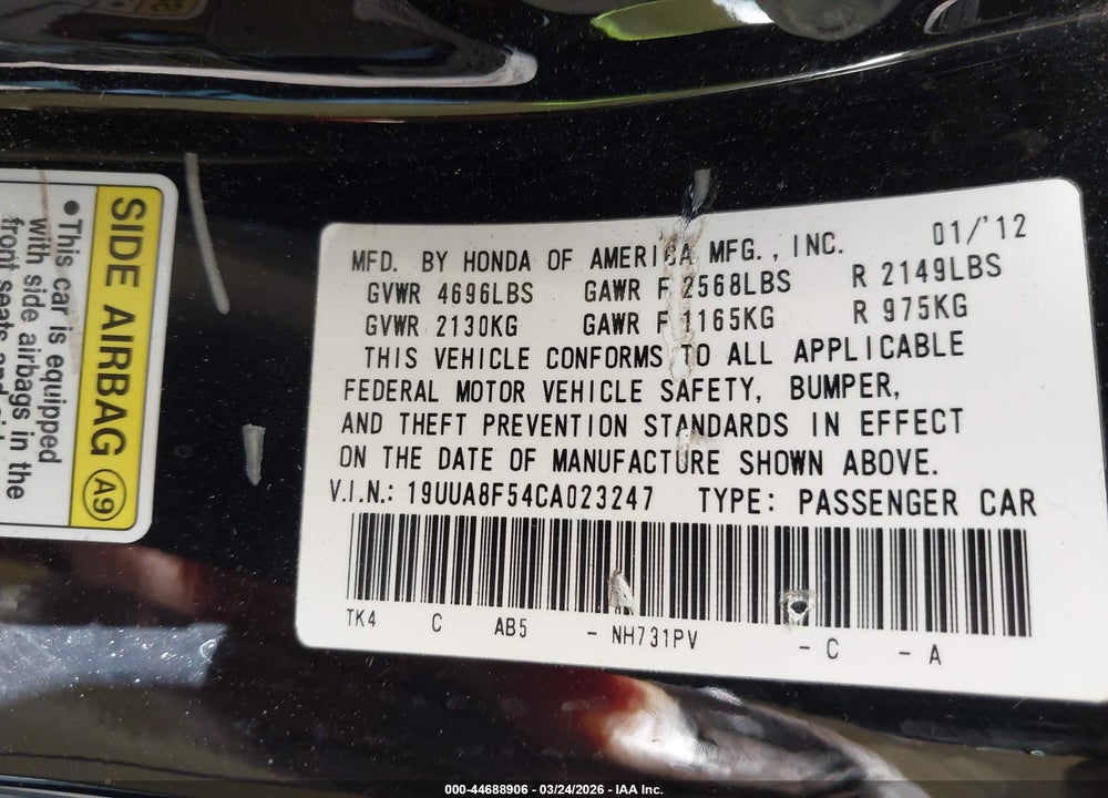 2012 ACURA TL 3.5 VIN: 19UUA8F54CA023247