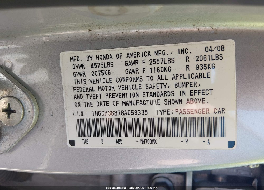 2008 HONDA ACCORD 3.5 EX-L VIN: 1HGCP36878A059335