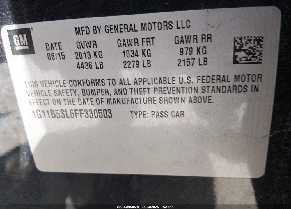 2015 CHEVROLET MALIBU LS VIN: 1G11B5SL6FF330503