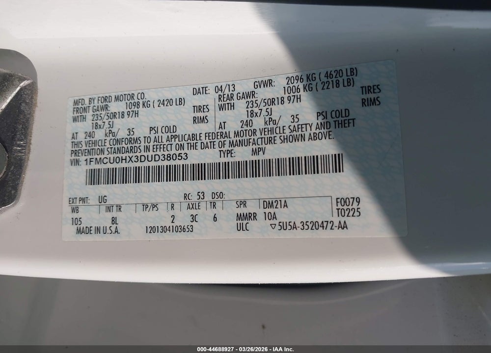 2013 FORD ESCAPE SEL VIN: 1FMCU0HX3DUD38053