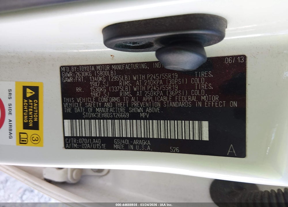 2013 TOYOTA HIGHLANDER LIMITED V6 VIN: 5TDYK3EH8DS126669