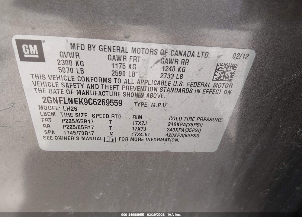 2012 CHEVROLET EQUINOX 2LT VIN: 2GNFLNEK9C6269559