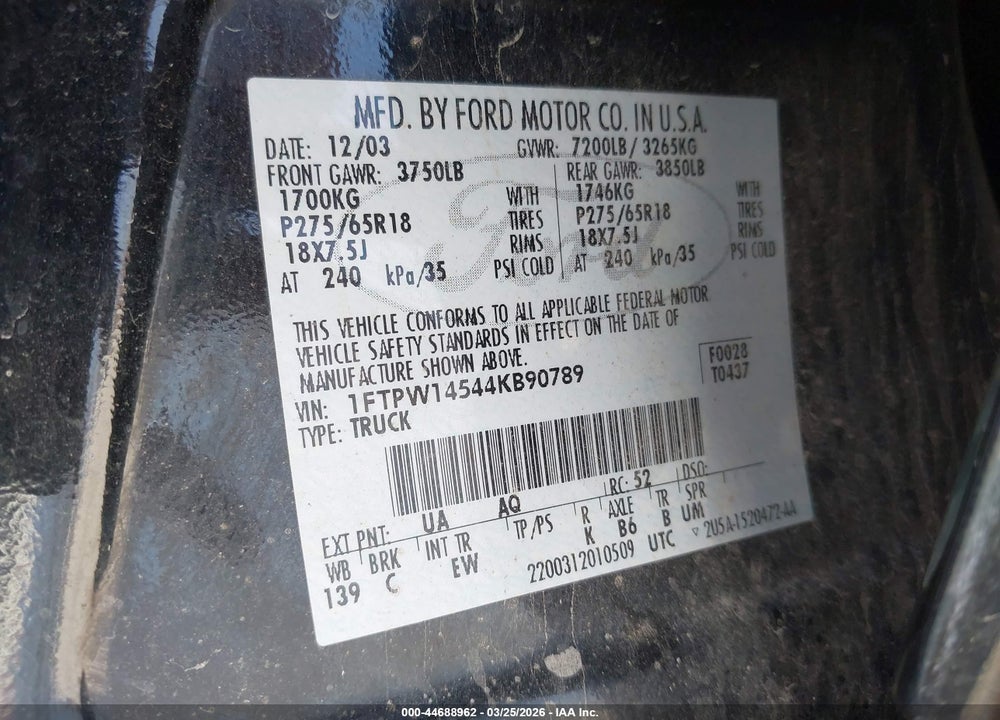 2004 FORD F-150 FX4/LARIAT/XLT VIN: 1FTPW14544KB90789