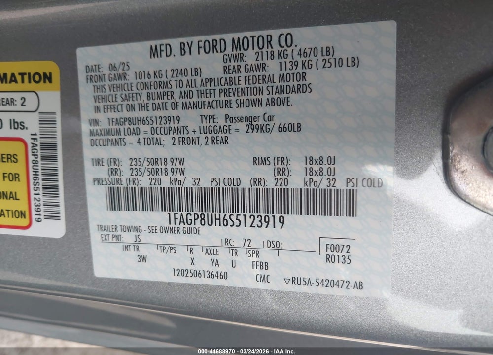 2025 FORD MUSTANG ECOBOOST PREMIUM VIN: 1FAGP8UH6S5123919