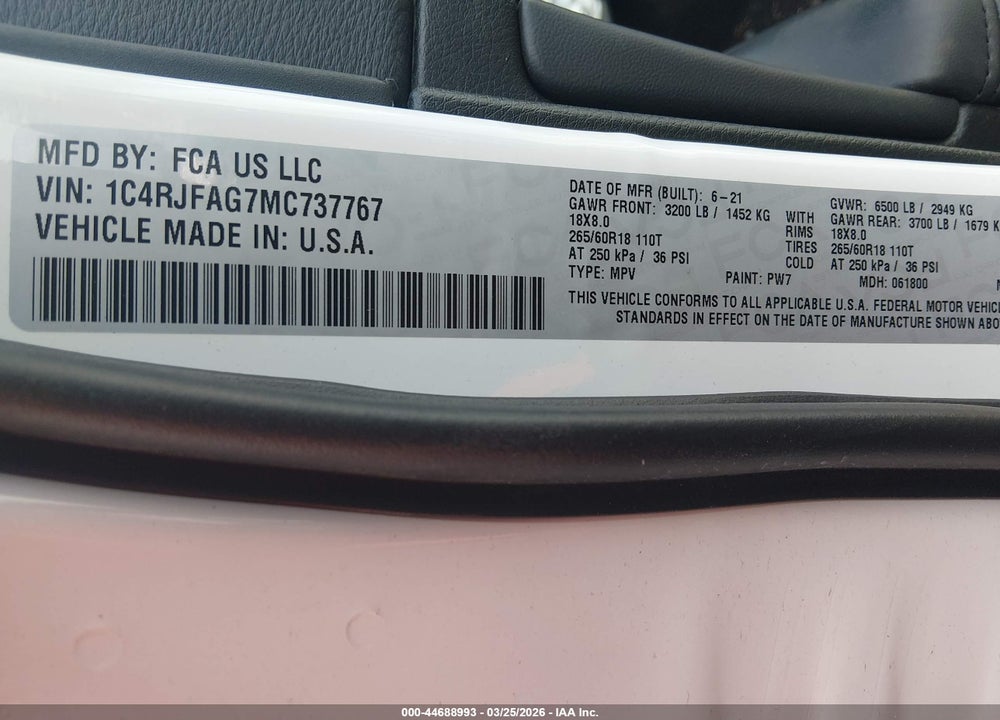 2021 JEEP GRAND CHEROKEE LAREDO E 4X4 VIN: 1C4RJFAG7MC737767