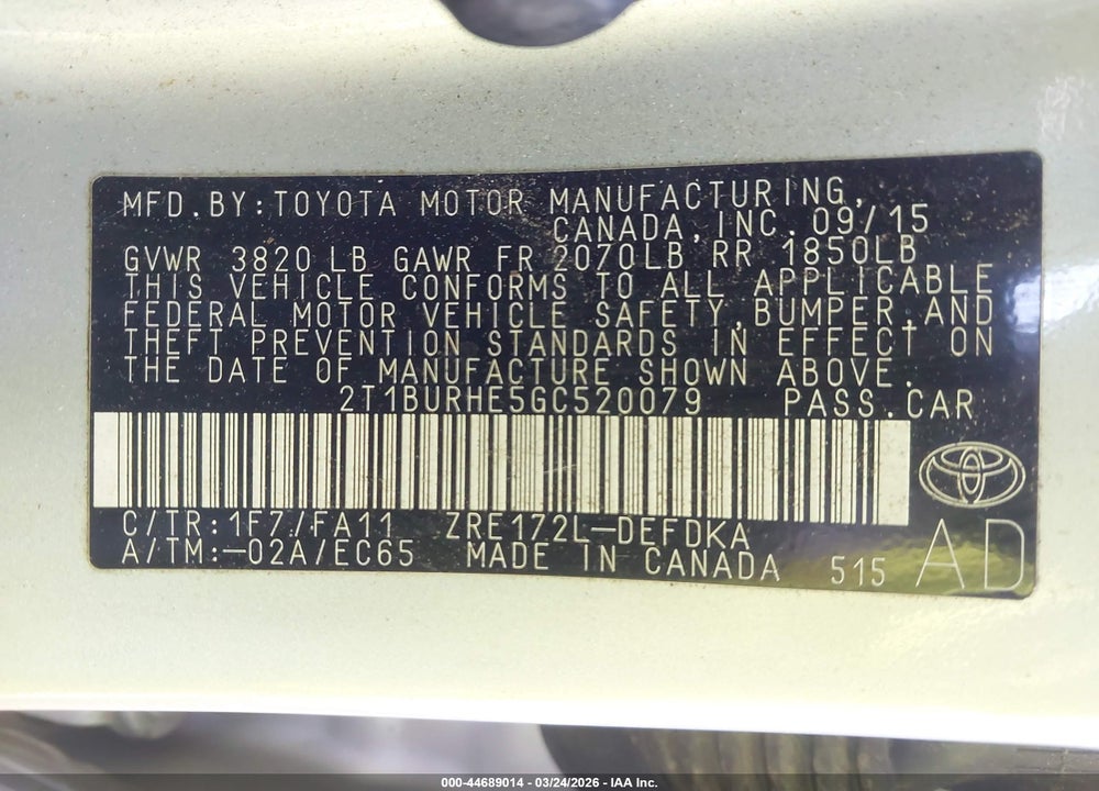 2016 TOYOTA COROLLA L VIN: 2T1BURHE5GC520079
