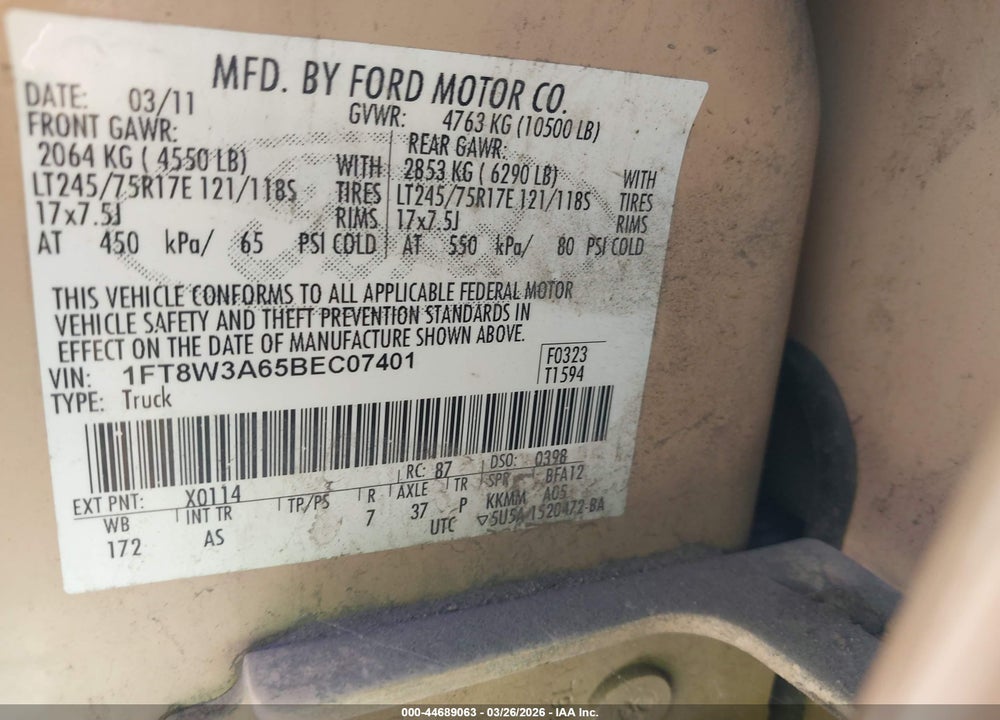 2011 FORD F-350 XL VIN: 1FT8W3A65BEC07401