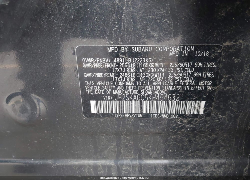 2019 SUBARU FORESTER PREMIUM VIN: JF2SKAGC5KH454632