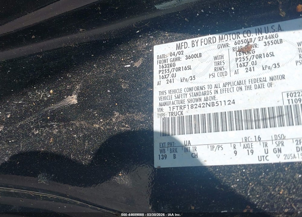 2002 FORD F-150 XL/XLT VIN: 1FTRF18242NB51124