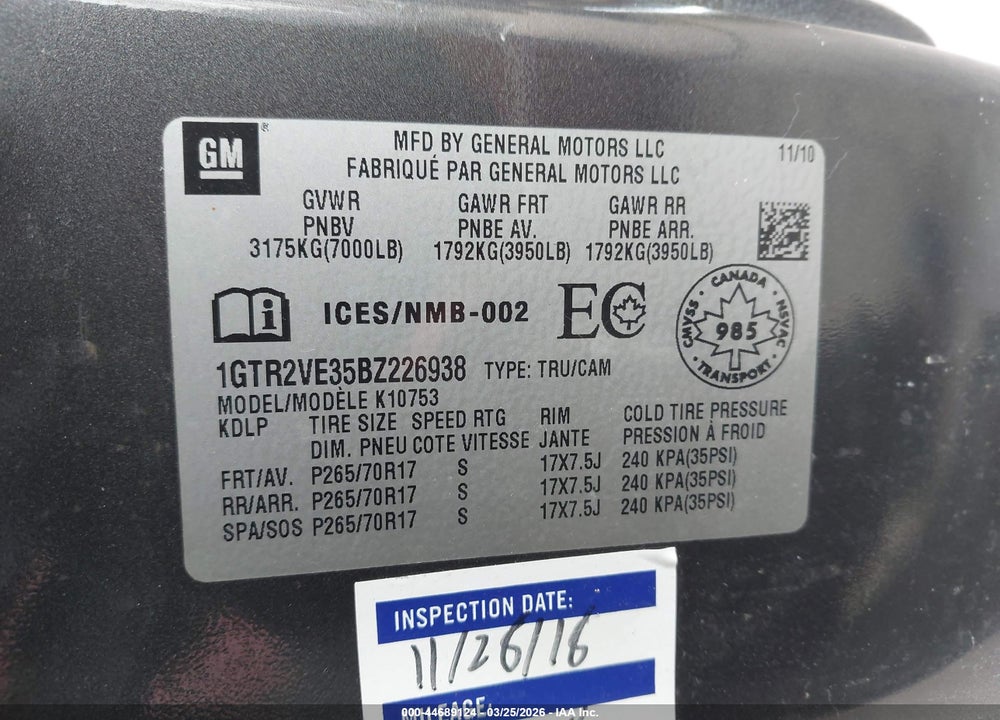 2011 GMC SIERRA 1500 SLE VIN: 1GTR2VE35BZ226938