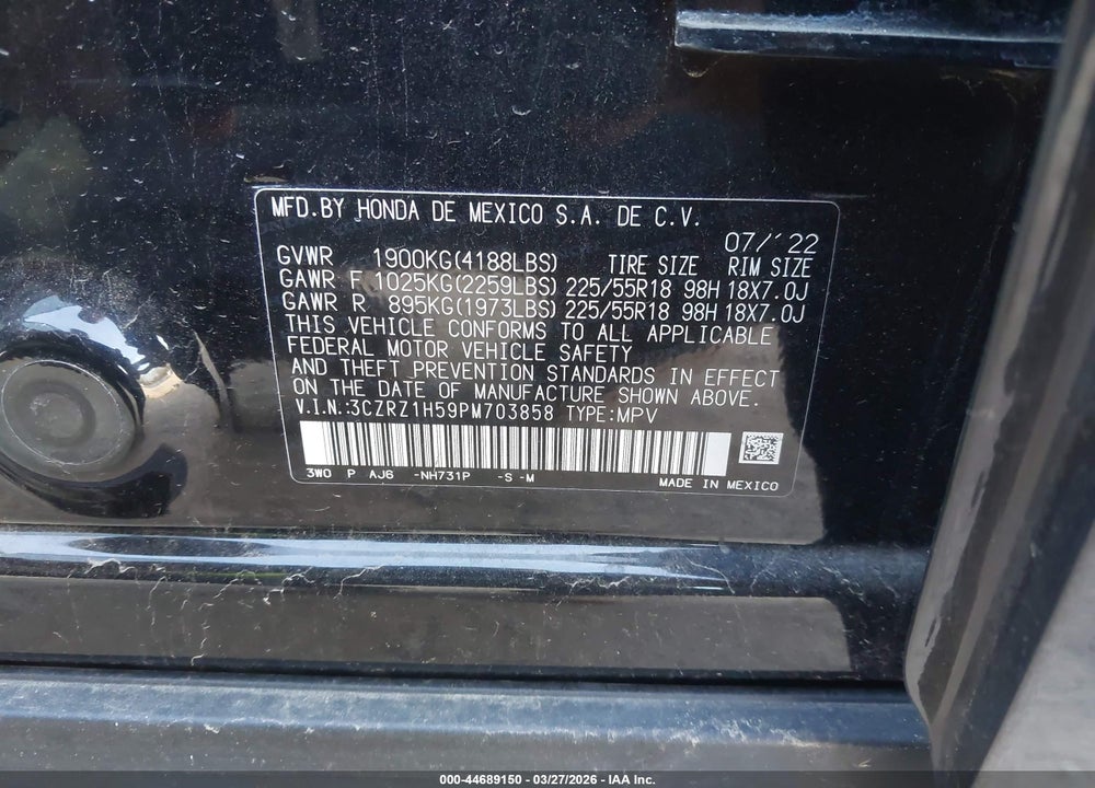 2023 HONDA HR-V 2WD SPORT VIN: 3CZRZ1H59PM703858