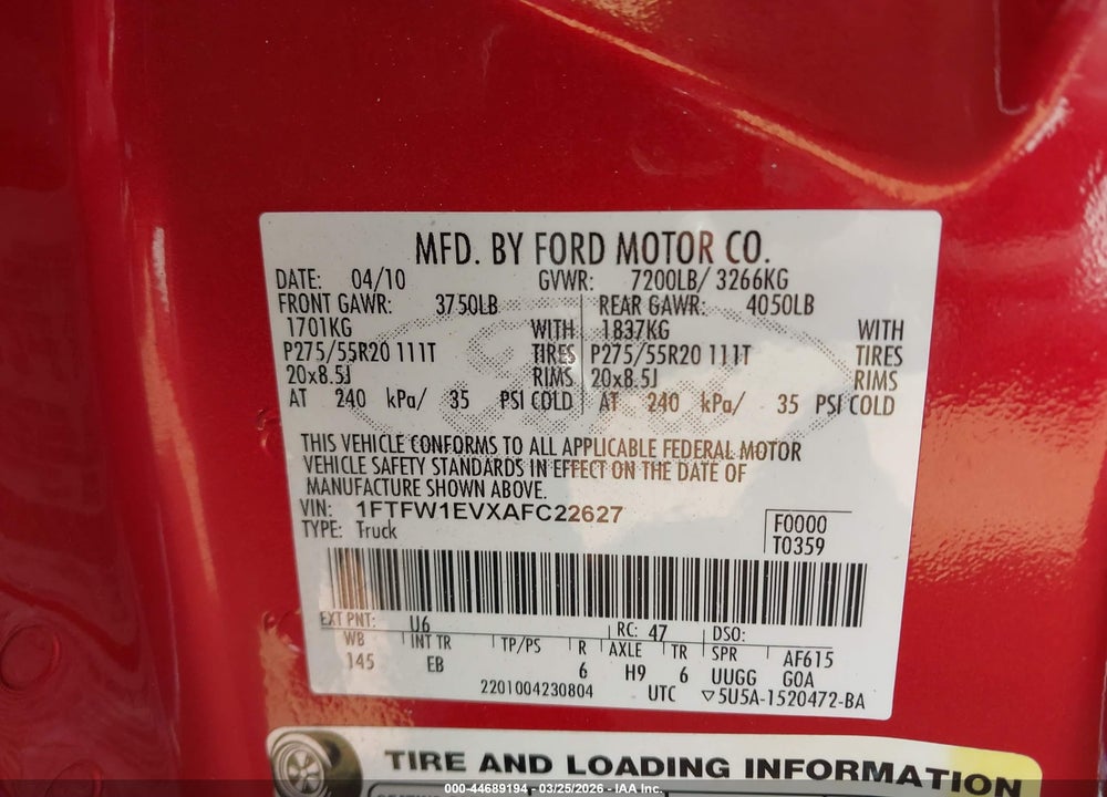 2010 FORD F-150 LARIAT VIN: 1FTFW1EVXAFC22627