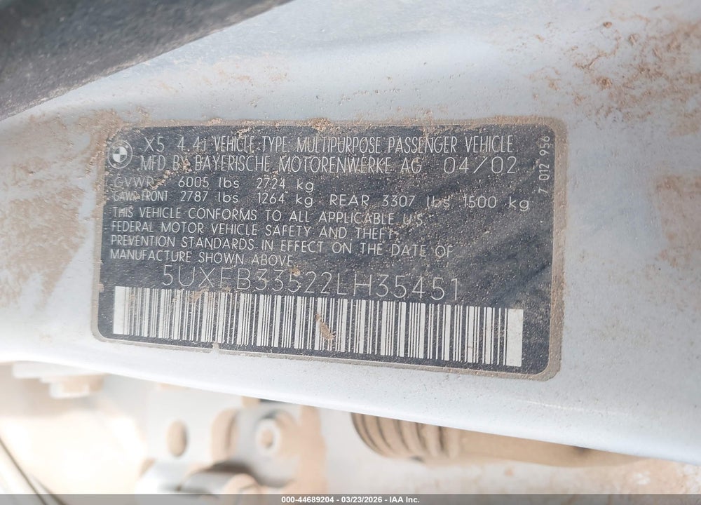 2002 BMW X5 4.4I VIN: 5UXFB33522LH35451