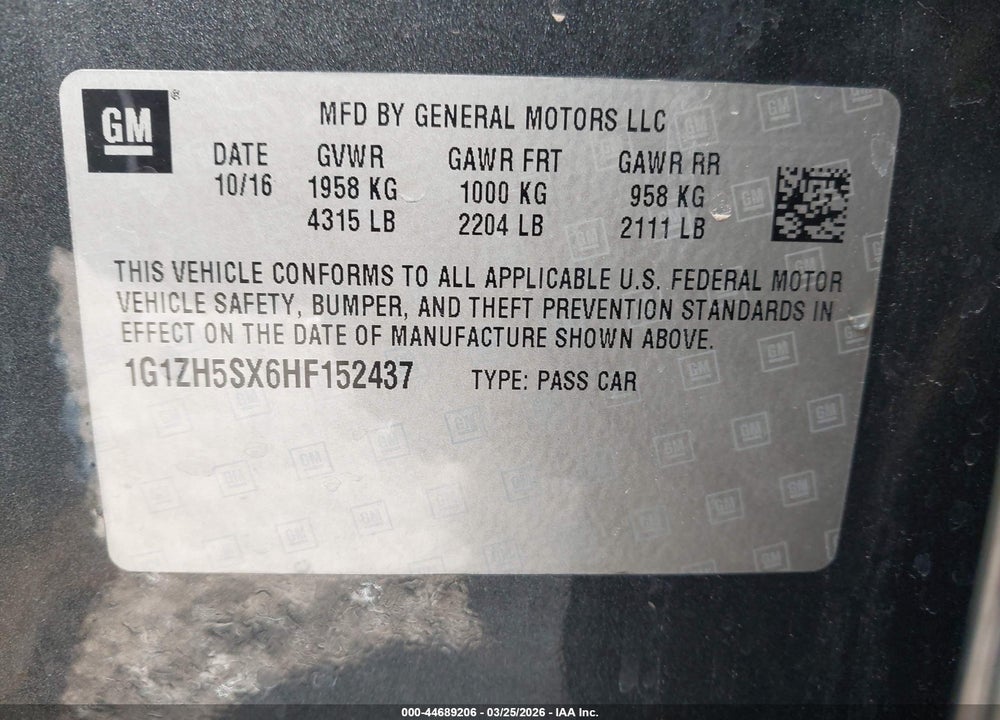 2017 CHEVROLET MALIBU PREMIER VIN: 1G1ZH5SX6HF152437