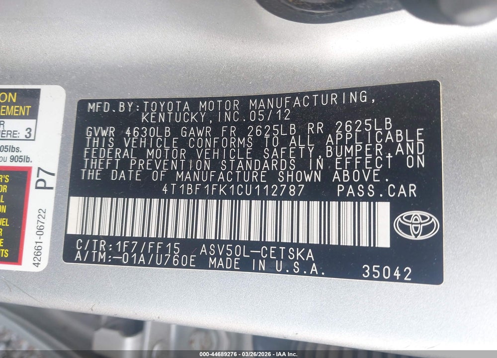 2012 TOYOTA CAMRY SE VIN: 4T1BF1FK1CU112787
