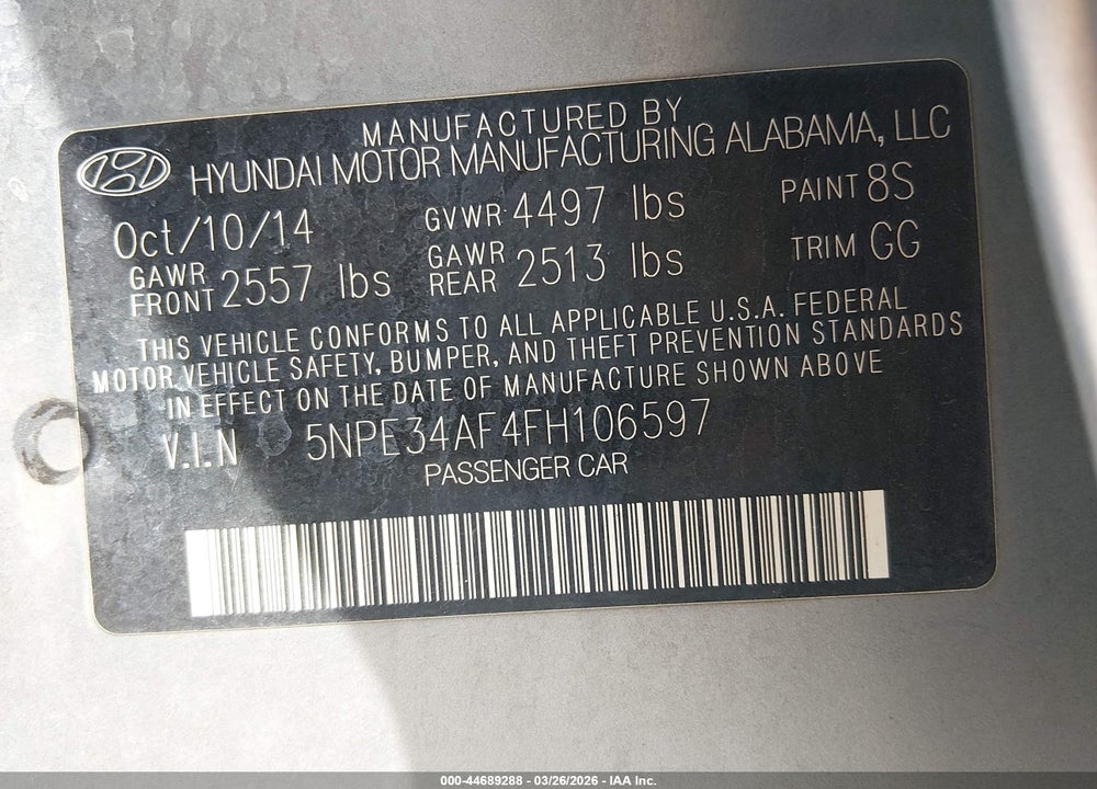 2015 HYUNDAI SONATA LIMITED VIN: 5NPE34AF4FH106597