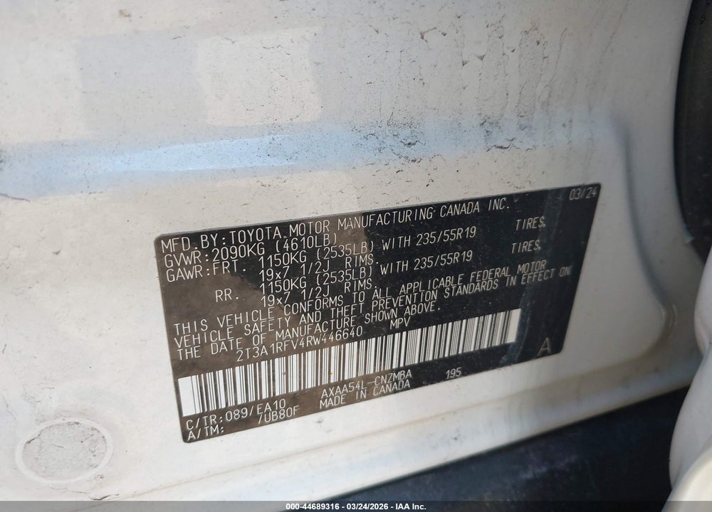 2024 TOYOTA RAV4 XLE PREMIUM VIN: 2T3A1RFV4RW446640