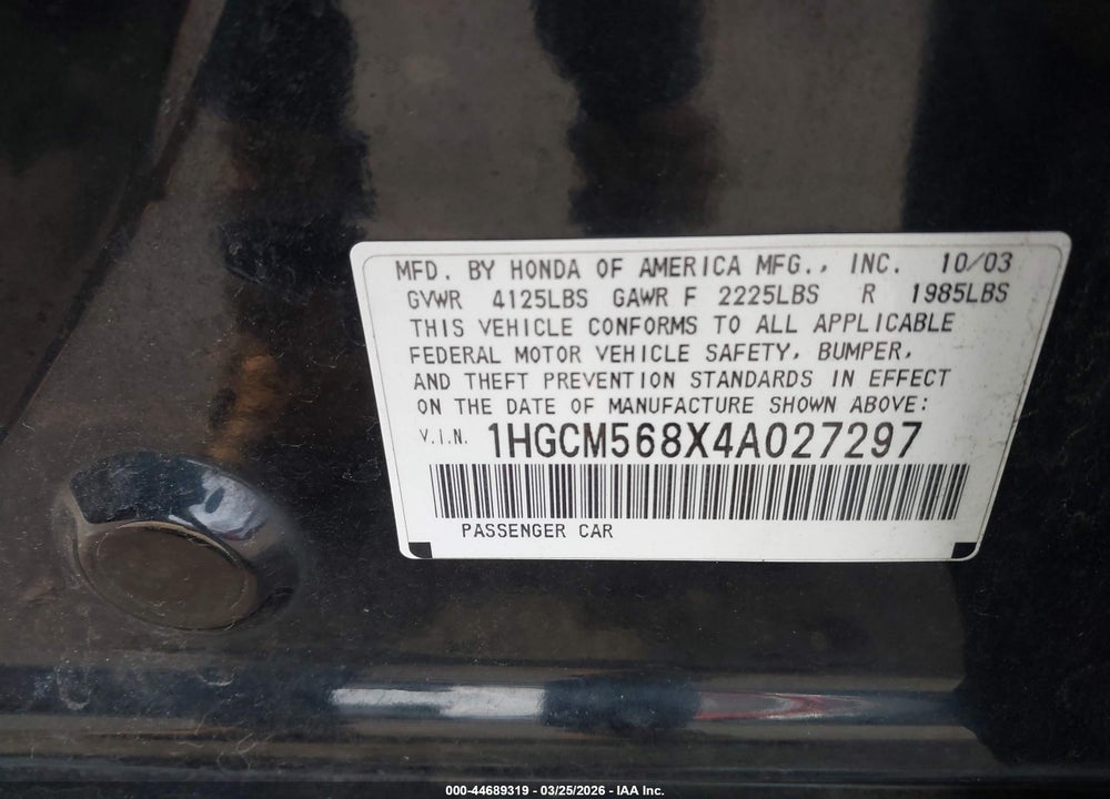 2004 HONDA ACCORD 2.4 EX VIN: 1HGCM568X4A027297